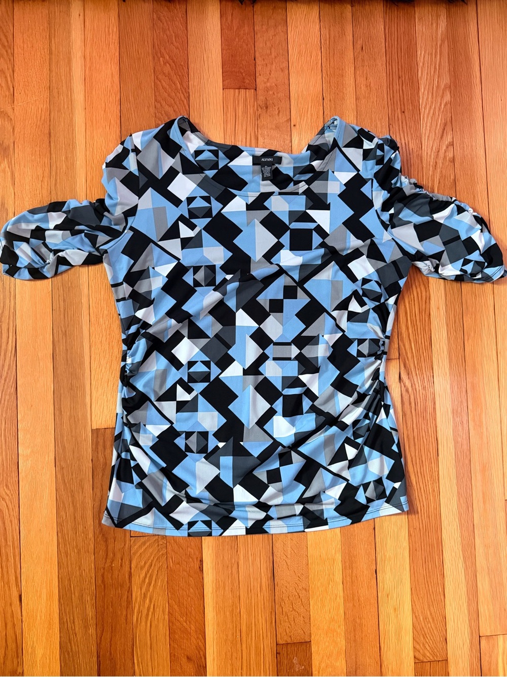 Alfani Blue and Black Geometric Short Sleeve Top